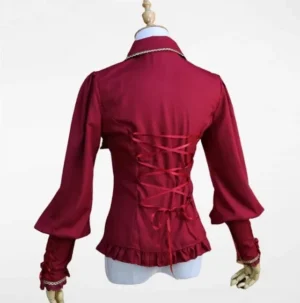 Steampunk lolita blouse back view showing functional corset lace-up design and ruffled hem details