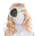 Steampunk Lolita eye patch front view with cream lace frills and vintage heart-shaped key lock hardware on white background