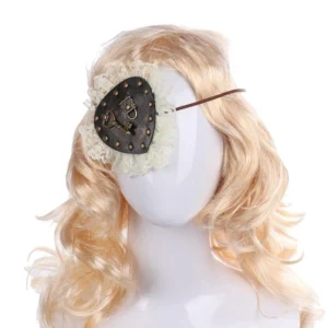 Steampunk Lolita eye patch front view with cream lace frills and vintage heart-shaped key lock hardware on white background