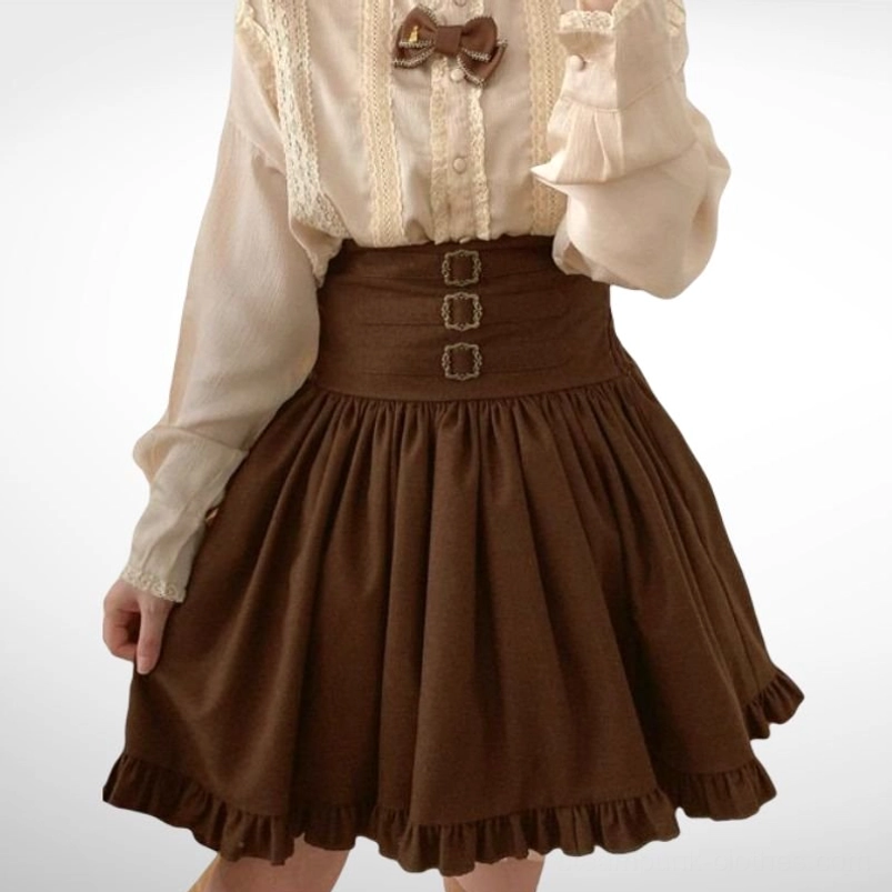 Female model wearing dark brown steampunk lolita skirt with vintage blouse, displaying ruffled hem and high waist buckle details from side front angle