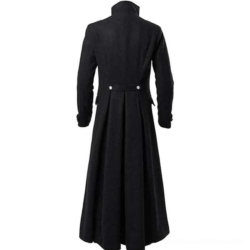 Back view of black steampunk coat with pleated hem detail and waist-cinching buckles