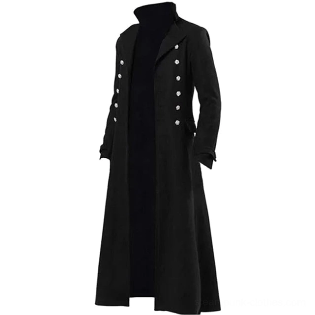 Black steampunk Victorian long coat front view showing structured high collar and full-length silhouette on mannequin