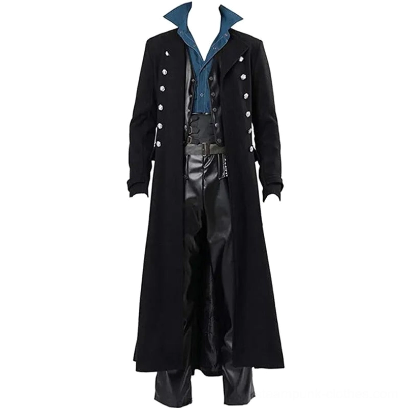 Black steampunk long coat with double-breasted silver buttons and blue inner shirt, front three-quarter angle