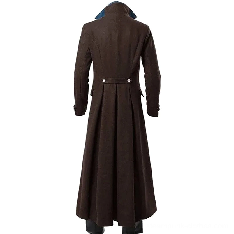 Rear view of dark brown steampunk coat featuring pleated back hem and waist-fixed buckle detail