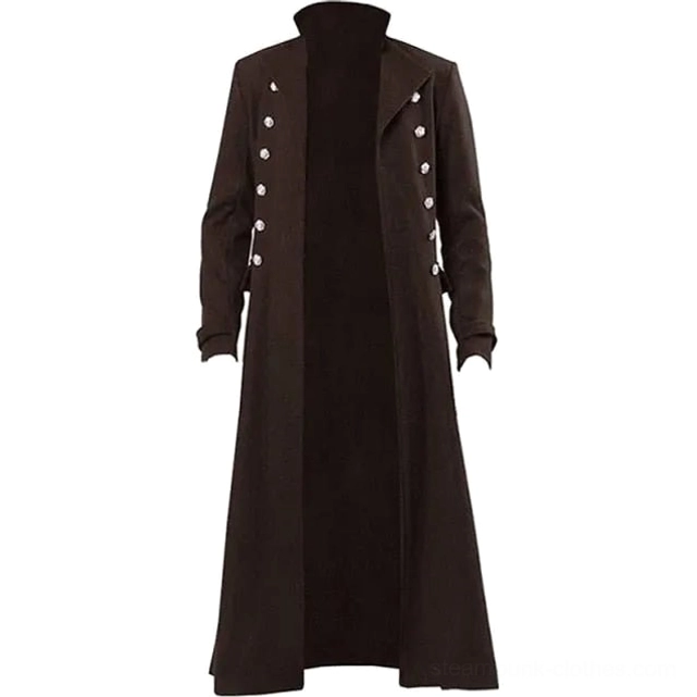 Brown steampunk Victorian long coat front view showing high stand collar and ankle-length cut on mannequin