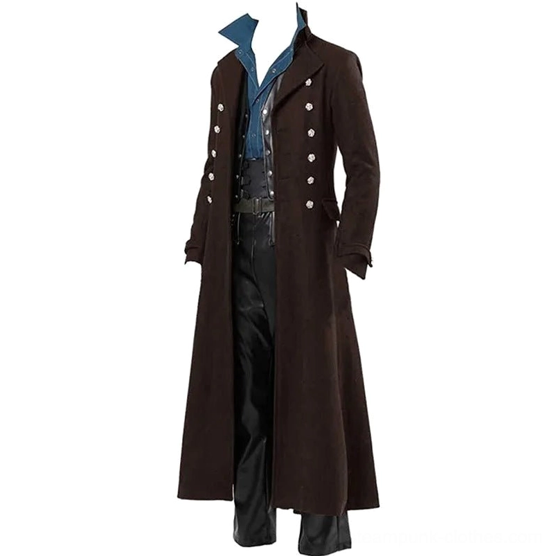 Victorian steampunk long coat in dark brown with double-breasted silver buttons and blue inner shirt, front three-quarter view on mannequin