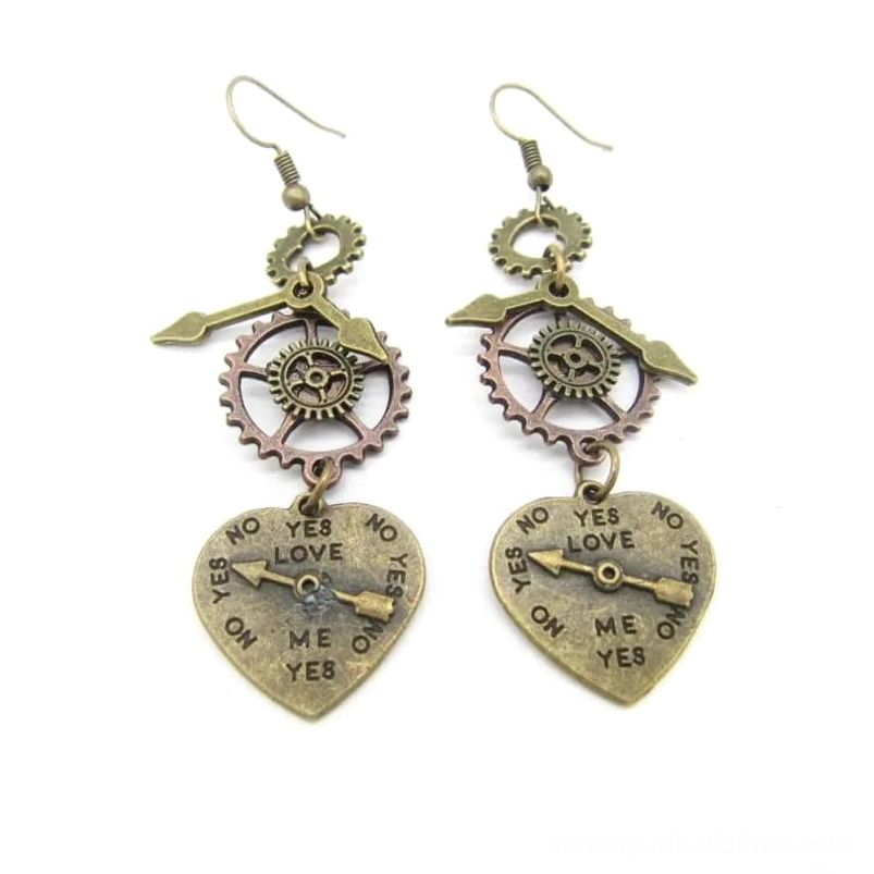 Steampunk love heart gear earrings with antique bronze finish and engraved heart pendants