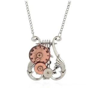 Full steampunk lyre necklace showing silver chain and mixed metal mechanical pendant on white background
