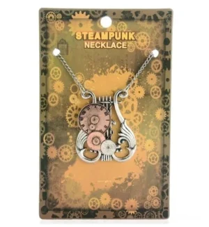 Steampunk lyre necklace pendant with silver and bronze metal gears and clock dial details on display card
