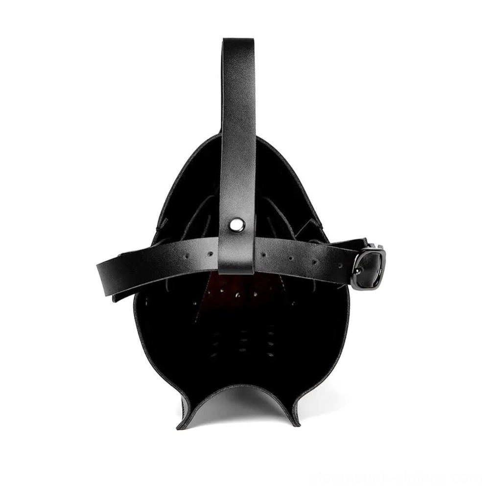 Back overhead view of steampunk mask showing top and side harness straps with buckle fastener and hollow interior construction