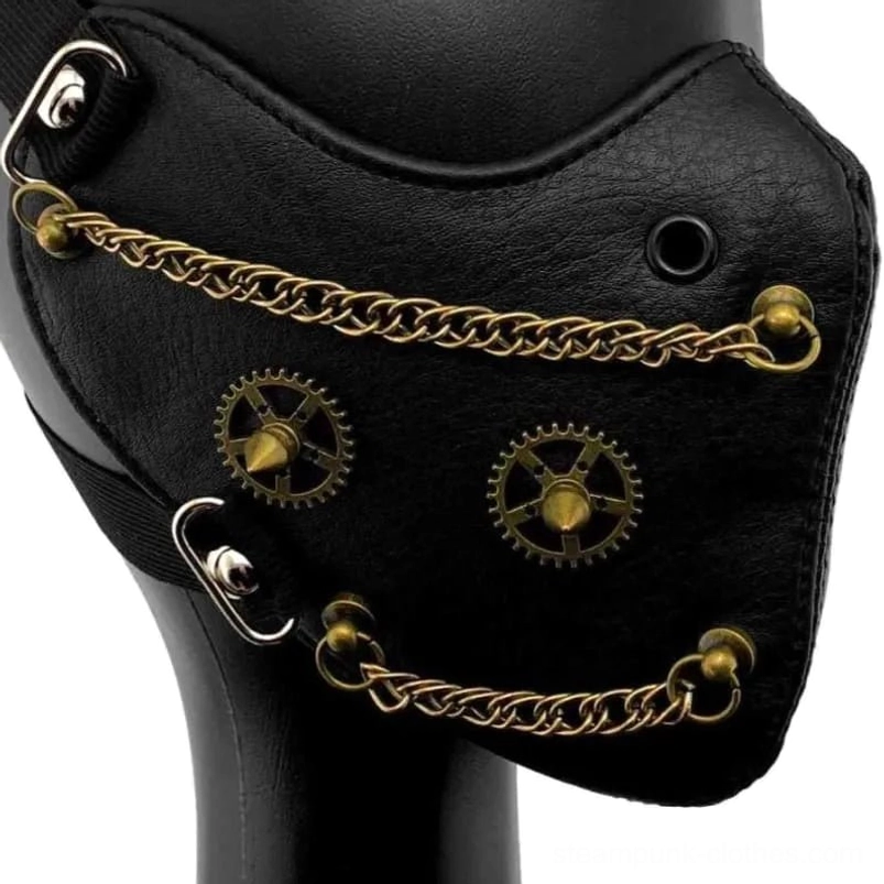 steampunk face mask rear view showing double bronze chains and gear hardware