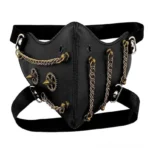 steampunk half-face mask with brass gears and multi-chain decorations front view
