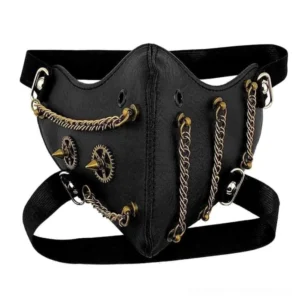 steampunk half-face mask with brass gears and multi-chain decorations front view
