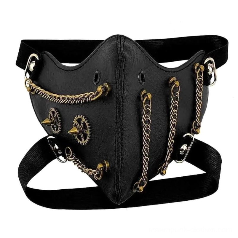 steampunk half-face mask with brass gears and multi-chain decorations front view