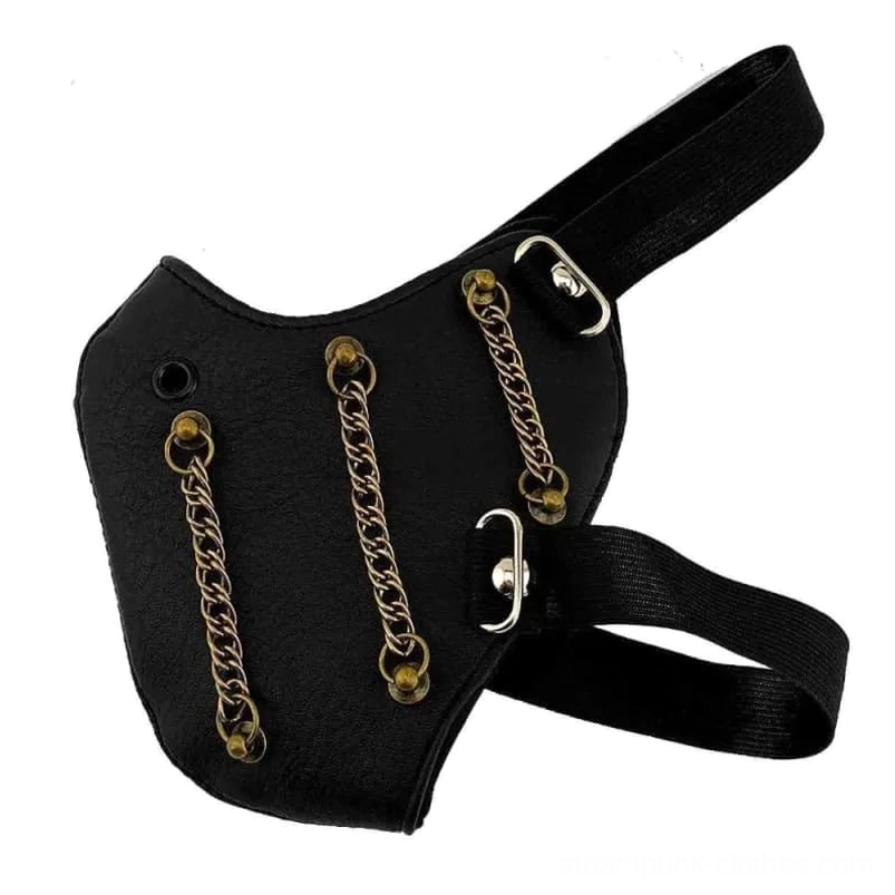 matte black steampunk mask with bronze chain accents right side perspective