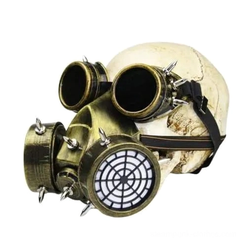 Steampunk spiked gas mask right three-quarter view on skull display - bronze metal with leather securing strap and spike details industrial design