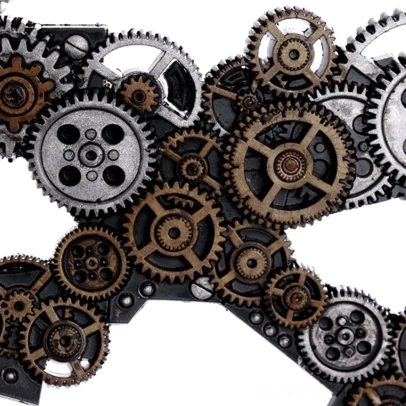 Close-up detail of steampunk mask gears, mixed-size vintage brass copper and silver mechanical ornaments overhead view