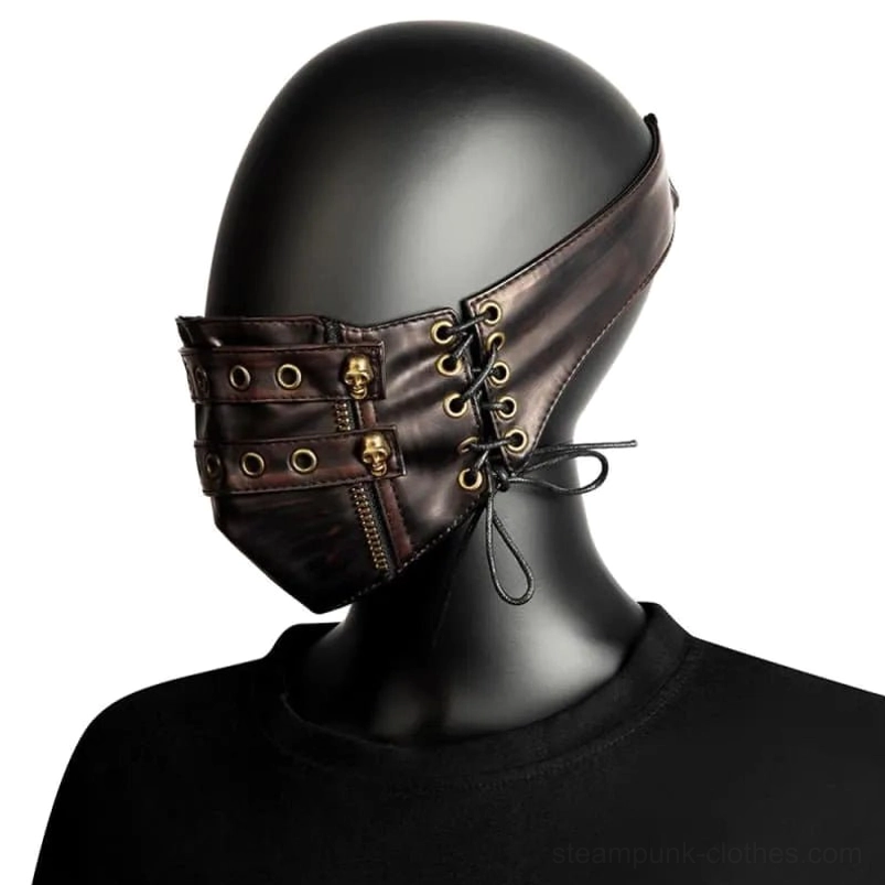 Steampunk mask left profile view on model displaying visible lace fasteners and tailored lower face coverage design