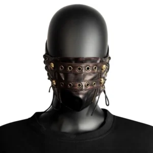 Steampunk face mask worn on male mannequin headshot display showcasing lower face coverage and vintage bronze hardware fittings