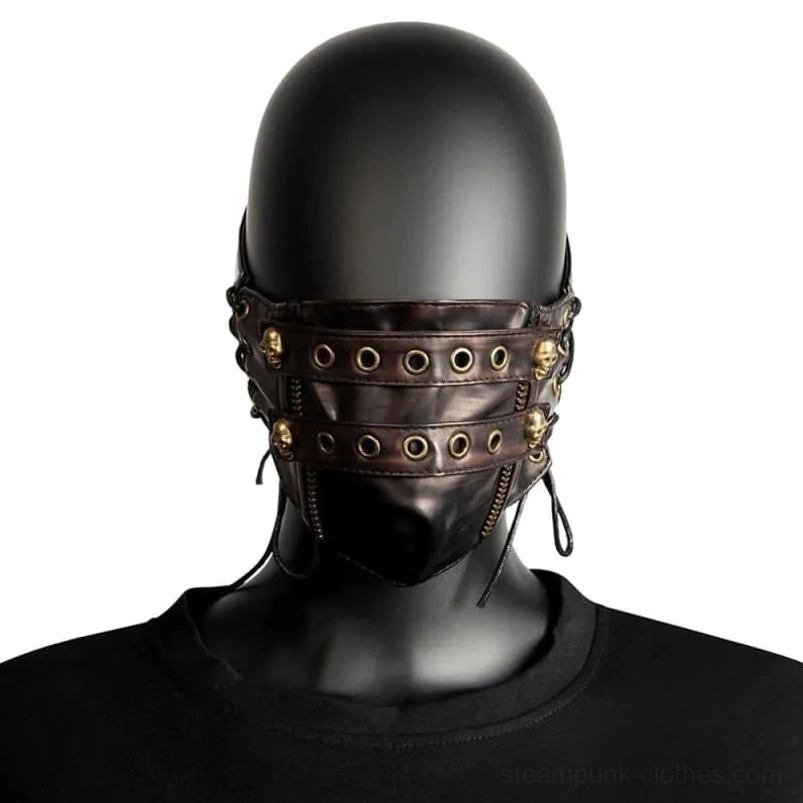 Steampunk face mask worn on male mannequin headshot display showcasing lower face coverage and vintage bronze hardware fittings