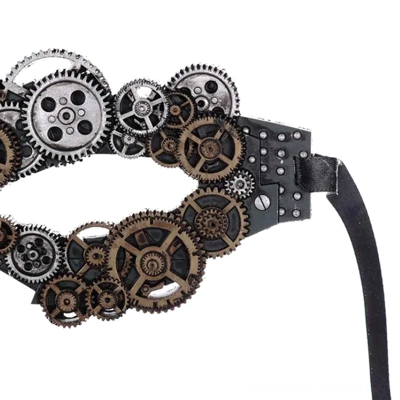 Low angle side view of steampunk masquerade mask showing riveted black base, fabric strap, and layered gear decoration