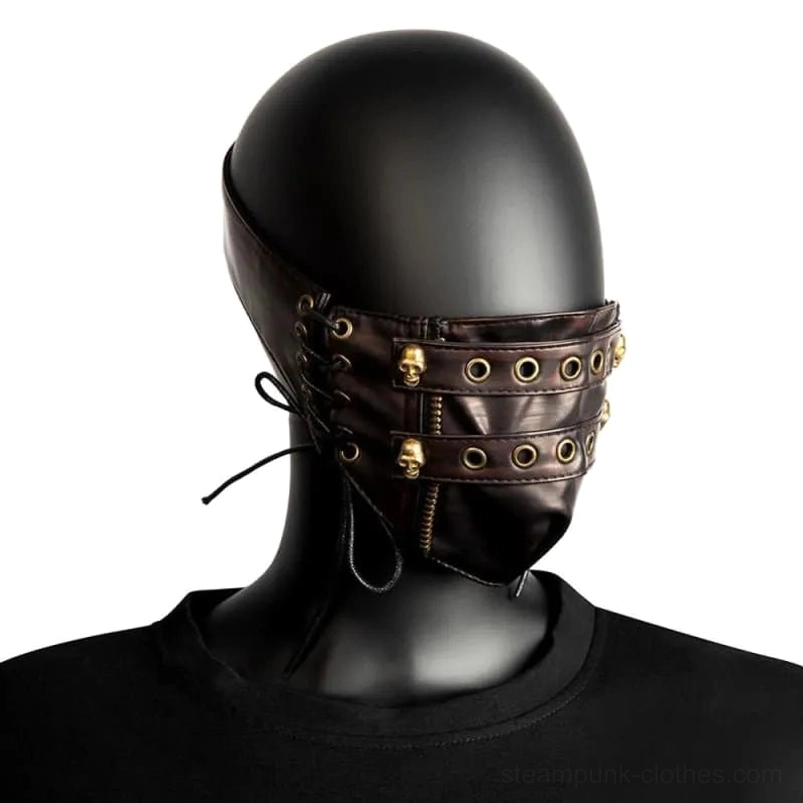 Steampunk half mask right side angle view on mannequin showing adjustable lace-up strap system and leather tone continuity