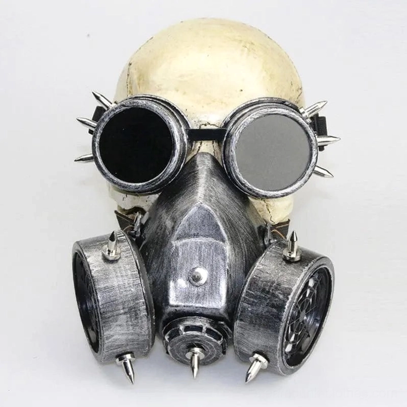 Steampunk welding goggles gas mask front close-up - silver weathered metal with tinted round goggles functional design