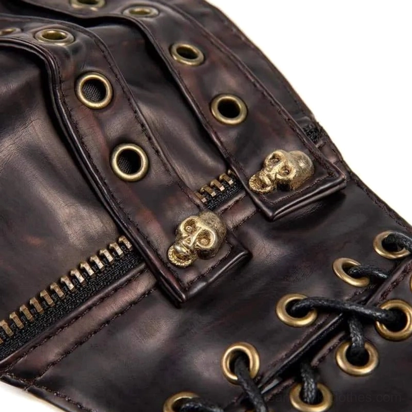Steampunk mask front decoration close-up featuring golden skull ornament metal zippers and metal grommets for post-apocalyptic aesthetic
