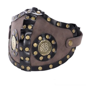 Steampunk half-face mask top-front angle, two-tone brown and black leather with round brass rivets and vented metal discs detail