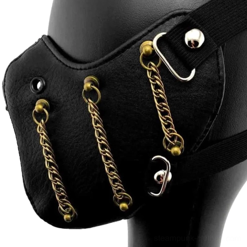 black vegan leather steampunk mask with triple bronze chains and metal buckles worn view