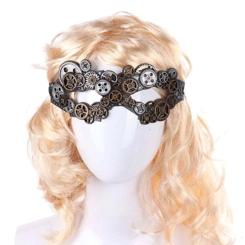 Steampunk masquerade mask with vintage brass and copper gears on mannequin, front view with curly blonde wig against white background
