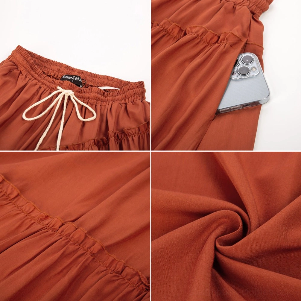 Combined close-up detail shots of maxi skirt showing internal brand label inside waistband, hidden side pocket, soft fabric texture, and ruffled fray edges