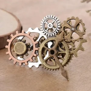 Steampunk adjustable ring frontal flat lay displaying intricate multi-tonal mechanical gear structure and clock pointer accent detail