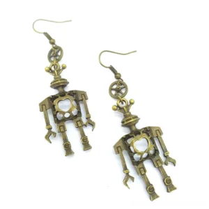 Vintage steampunk robot drop earrings featuring articulated mechanical limbs and gear pendant details, oblique angle view
