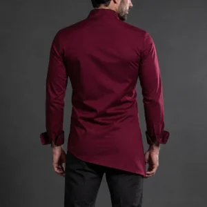 Steampunk red button shirt for men - full back view showcasing curved hemline and unique asymmetrical silhouette design on model