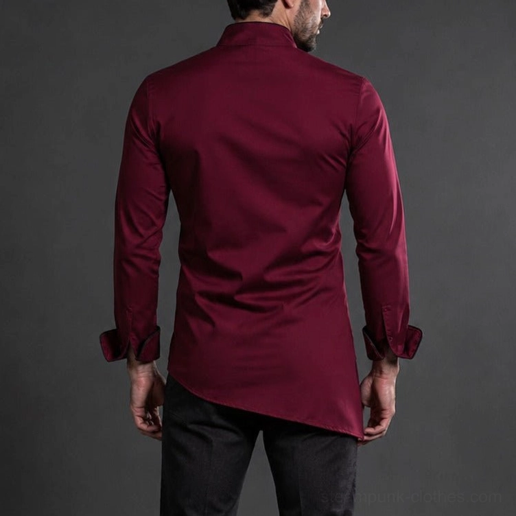 Steampunk red button shirt for men - full back view showcasing curved hemline and unique asymmetrical silhouette design on model
