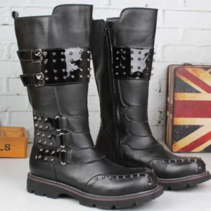 Steampunk combat boots for men showcasing patent leather buckle straps, functional side zipper closure, metal studs on upper and toe cap, industrial aesthetic design detail shot