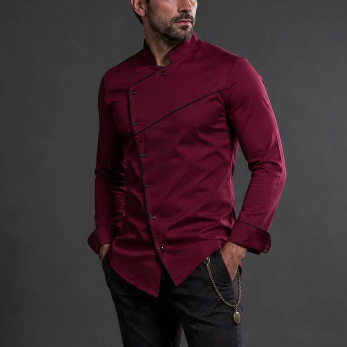 Men's steampunk asymmetrical button shirt burgundy - three-quarter front view displaying oblique placket detailing and stand collar construction