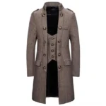 Vintage brown herringbone steampunk coat for men front view, featuring integrated faux waistcoat design, stand collar, and double-breasted metal buttons on white studio background