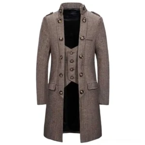 Vintage brown herringbone steampunk coat for men front view, featuring integrated faux waistcoat design, stand collar, and double-breasted metal buttons on white studio background