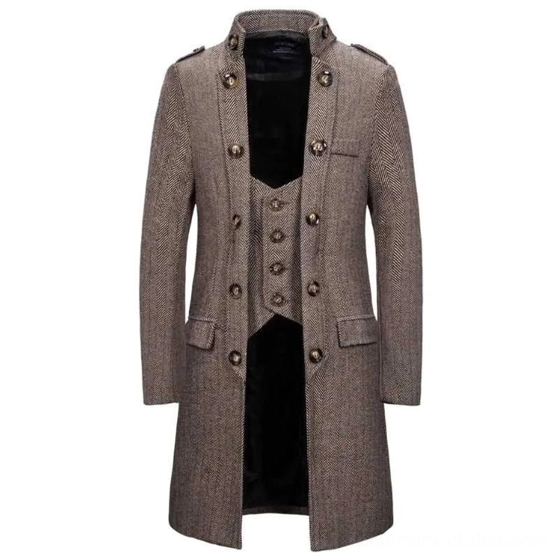 Vintage brown herringbone steampunk coat for men front view, featuring integrated faux waistcoat design, stand collar, and double-breasted metal buttons on white studio background