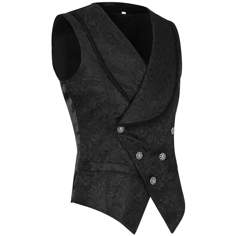 Victorian steampunk mens vest side profile showing slim tailored fit and textured patterned jacquard weave - left side view