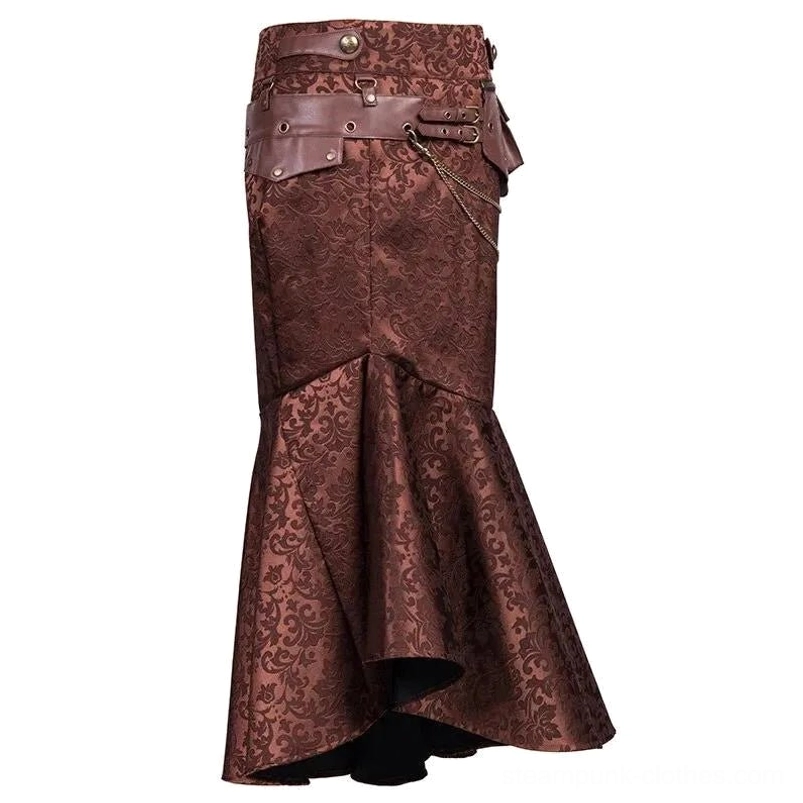 Rear view of brown damask steampunk mermaid skirt showing back silhouette with leather waist strap and chain embellishments on white background