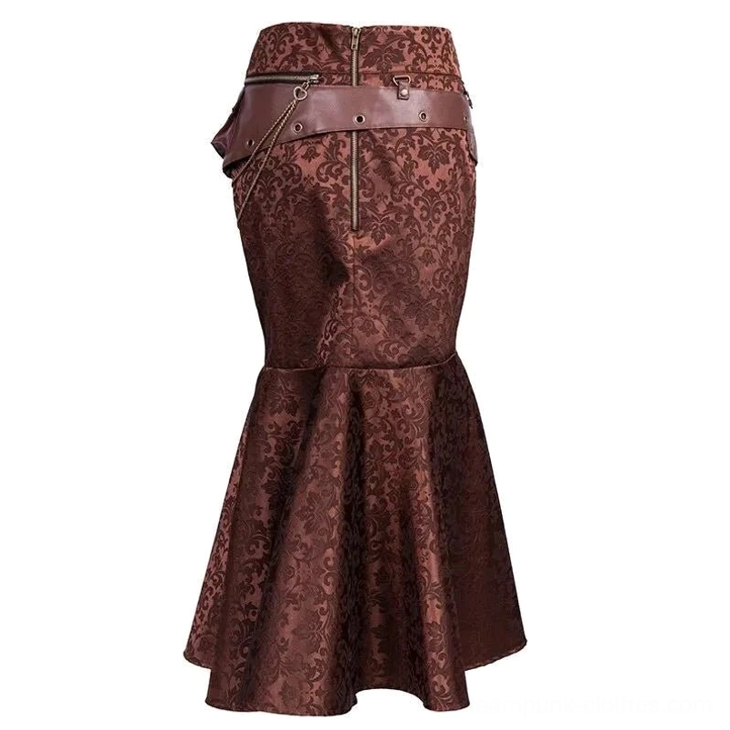 Close-up back view of steampunk mermaid skirt showing metal zipper closure, leather waist detail with chains, and ruffled fishtail hem construction