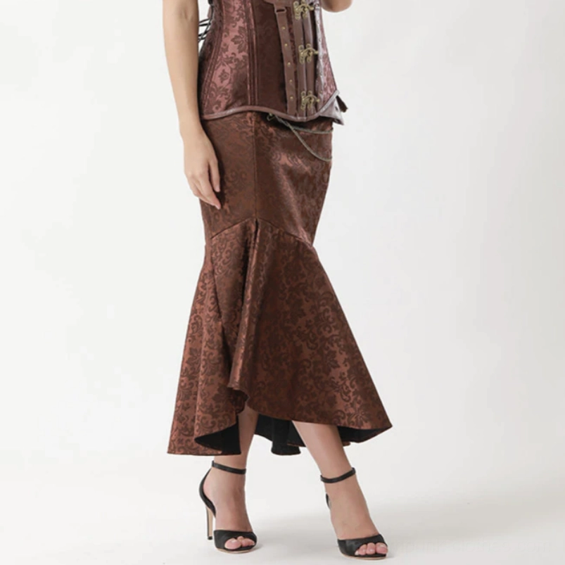 Full outfit shot of brown damask steampunk mermaid skirt with coordinating metal buckled corset, chain details, and fishtail hem worn with open-toe heels