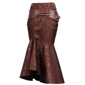 Brown jacquard steampunk mermaid long skirt front product display showing high-low ruffled fishtail hem with leather belt pouches and chain details