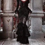 Black velvet gothic steampunk mermaid skirt front view with beaded waist trim and sheer lace panel