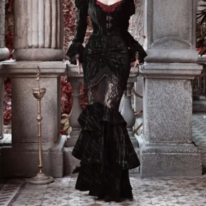 Black velvet gothic steampunk mermaid skirt front view with beaded waist trim and sheer lace panel