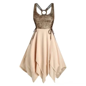 Steampunk A-line midi dress with O-ring cross back detail and side lace-up corset styling, two-tone brown and beige design, rear three-quarter view showing asymmetric handkerchief hem