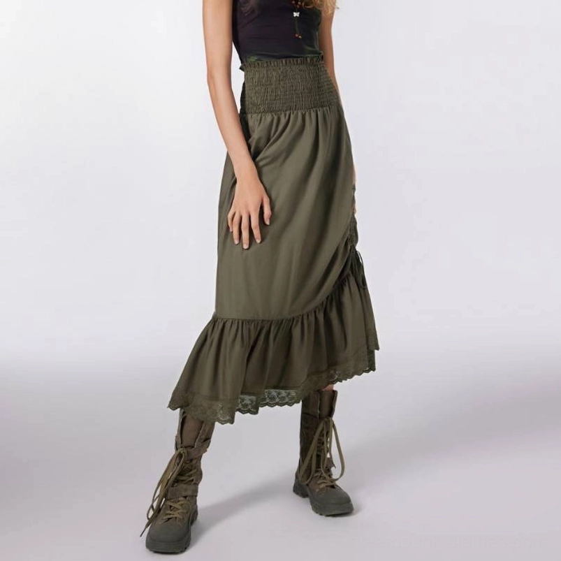 Army green steampunk midi skirt with smocked waistband worn by model from front three-quarter angle, showing side drawstring ruching detail and ruffled lace hem